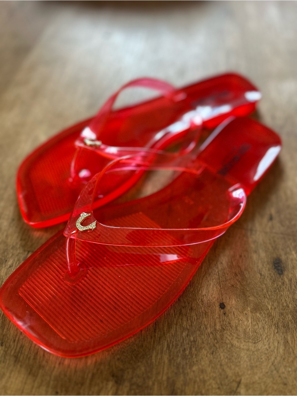True Religion Transparent Red Jelly Flip Flops with Gold Horseshoe Accent